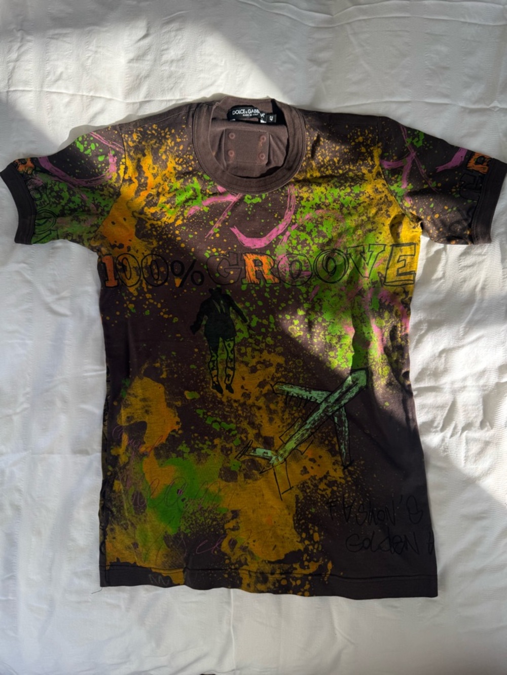 Vintage Authentic Dolce & Gabbana Brown Tee with Yellow, Green & Pink Splatter